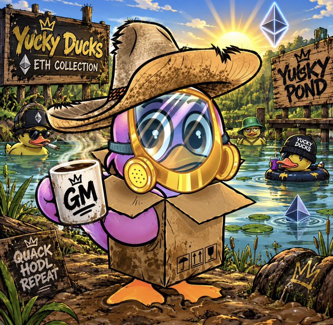 A vibrant cartoon titled 'Yucky Ducks ETH Collection' showing a purple duck wearing a gas mask and cowboy hat, holding a 'GM' mug while emerging from a box at 'Yucky Pond,' with other ducks in the water.