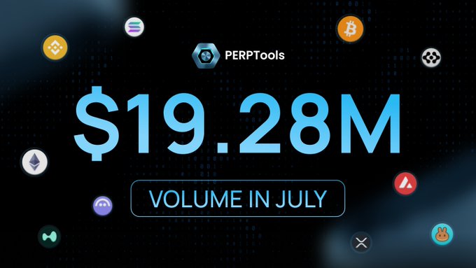 A dark promotional graphic for PERPTools showing '$19.28M' in large blue text with 'VOLUME IN JULY' below, surrounded by various cryptocurrency token logos.