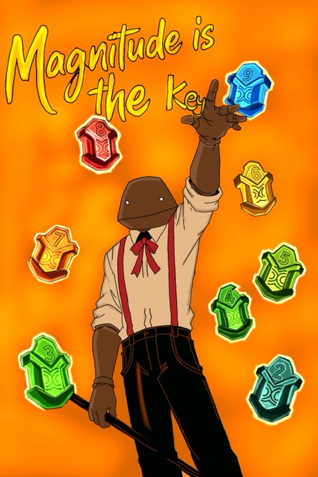 An illustrated character with a brown paper bag over its head, wearing suspenders and a red bow tie, reaches upward amid floating colorful rune-like stones, with the yellow text 'Magnitude is the Key' displayed against an orange background.