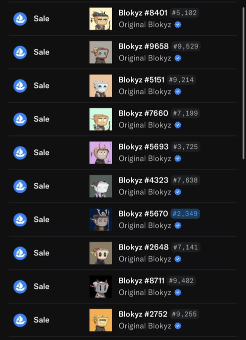 A mobile app interface displaying a list of 'Blokyz' NFTs for sale, showing various character designs with prices ranging from #2,349 to #9,529.