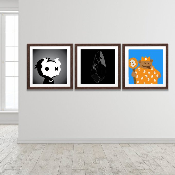 The image shows three framed pictures hanging on a white wall, each depicting a different cartoon character or illustration related to Bitcoins. The first picture features a black and white cartoon of a person with a skull and crossbones symbolizing Bitcoin mining. The second picture depicts an orange cartoon of a person holding a Bitcoin symbol. The third picture showcases a blue cartoon of a person wearing an orange hat, which could be interpreted as a reference to the popular meme "Bitcoin or not, I'm in."
