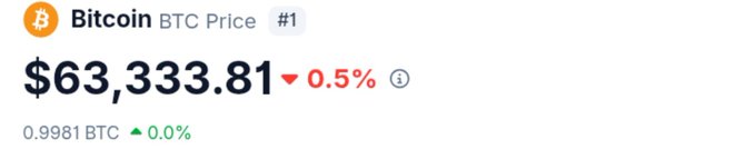 A cryptocurrency price tracker displaying Bitcoin (BTC) at $63,333.81, down 0.5%, with a conversion rate of 0.9981 BTC.