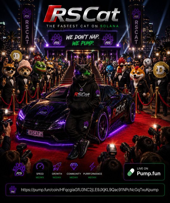 A promotional poster for 'RSCat - THE FASTEST CAT ON SOLANA' featuring an anthropomorphic cat in a hoodie leaning against a sports car at a red carpet event, with the text 'WE DON'T NAP. WE PUMP' and a Pump.fun link at the bottom.