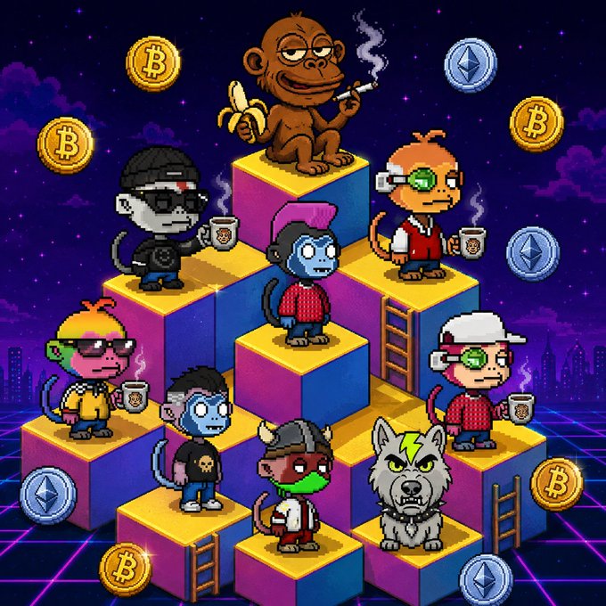 A pixel-art style NFT illustration showing various Bored Ape-style monkeys and a cat on colorful 3D blocks, surrounded by Bitcoin and Ethereum coins against a purple starry background.