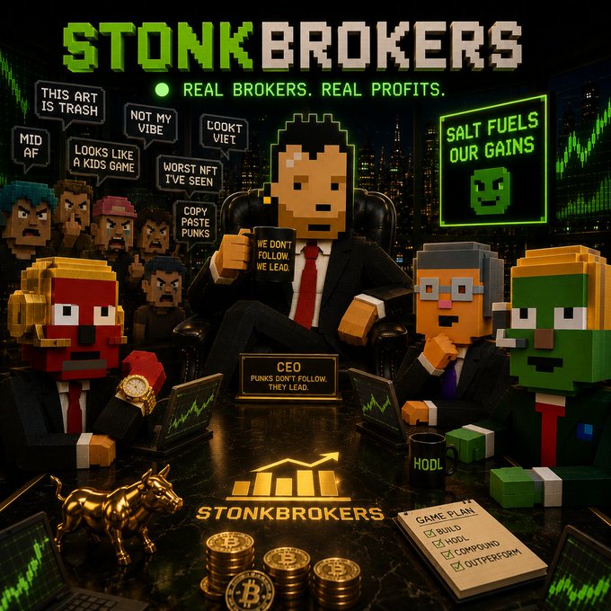 A pixelated 'STONK BROKERS' parody poster showing a blocky CEO in a suit at a boardroom table with crypto-themed characters, featuring slogans like 'REAL BROKERS. REAL PROFITS.' and 'SALT FUELS OUR GAINS', plus a 'GAME PLAN' checklist.