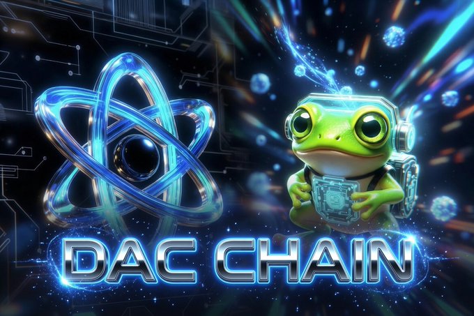 A digital graphic featuring a green frog character wearing headphones and holding a chip next to a glowing blue atom-like symbol, with 'DAC CHAIN' text at the bottom.
