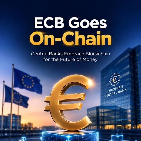A promotional graphic featuring a large 3D Euro symbol with the text 'ECB Goes On-Chain: Central Banks Embrace Blockchain for the Future of Money' against a backdrop of the European Central Bank building.