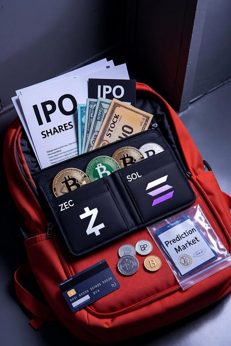 A red backpack organizer displaying crypto and financial items including IPO shares documents, physical Bitcoin and ZEC coins, SOL and ZEC labeled pouches, a credit card, and a 'Prediction Market' card.