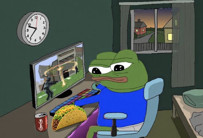 An illustration of the Pepe the Frog meme character wearing a blue shirt, sitting at a computer desk eating a taco and drinking a Coke, while playing a video game on a monitor. A clock on the wall shows approximately 7:35.