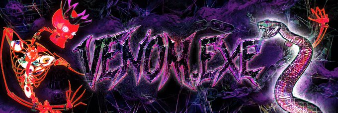 The image features a banner with the text "VENOMEXE" written in purple, pink, and black colors. The background of the banner is dark purple, giving it an intense and mysterious appearance. There are two snakes depicted on the banner - one red and one green. These snakes appear to be coiled up, possibly representing the spreading or spreading of the word "VENOMEXE" across social media platforms.