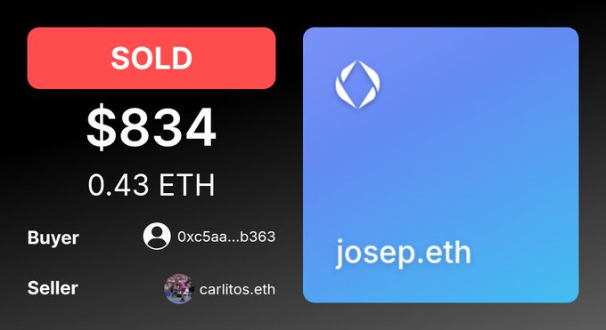 A digital NFT sales record shows a transaction marked 'SOLD' for '$834' or '0.43 ETH'. The seller is listed as 'carlitos.eth' and the buyer as '0xc5aa...b363', next to a blue gradient image displaying a diamond icon and 'josep.eth'.