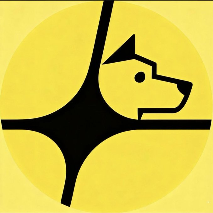 A minimalist graphic design featuring a black silhouette of a dog's head integrated into a four-pointed star shape on a yellow circular background.