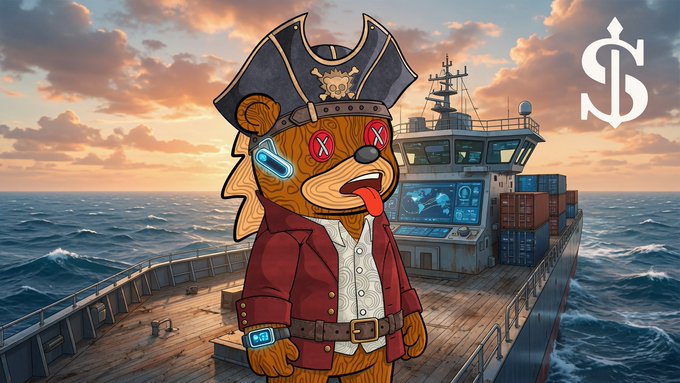 A cartoon bear dressed as a pirate captain with X's for eyes and a tongue sticking out stands on the deck of a cargo ship at sea, with an 'S' logo in the corner.