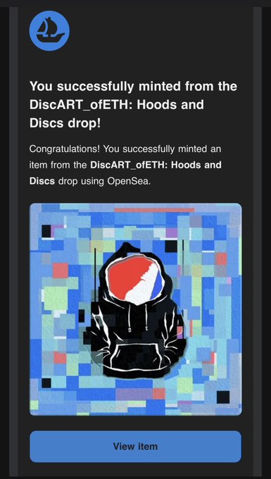 A mobile OpenSea confirmation screen reads 'You successfully minted from the DiscART_oETH: Hoods and Discs drop!' The NFT features a pixelated image of a black hoodie with an orange and white disc logo on the hood, set against a blue and green mosaic background.