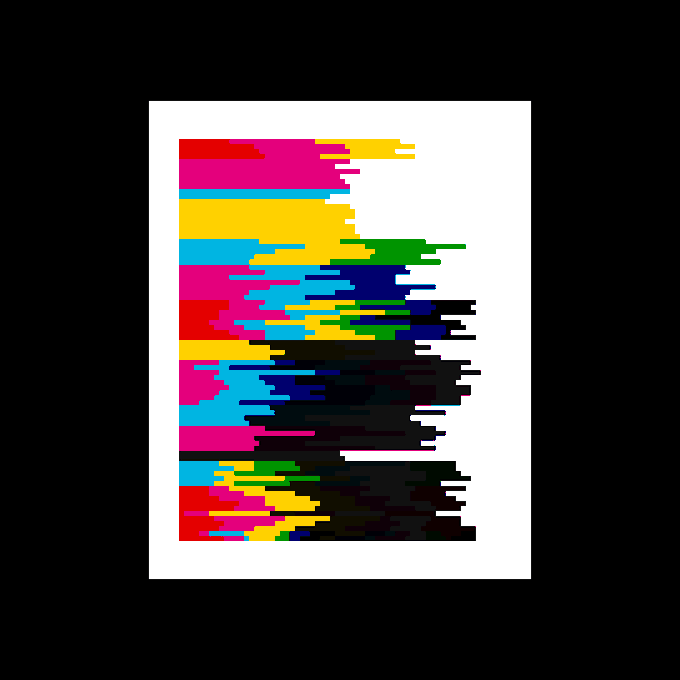 An abstract graphic design featuring horizontal, pixelated glitch stripes in vibrant colors like pink, yellow, cyan, and black on a white background.