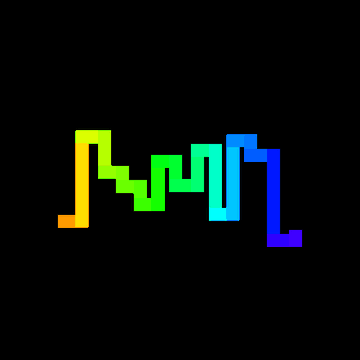A colorful pixelated digital waveform visualization on a black background, transitioning through yellow, green, cyan, and blue colors.