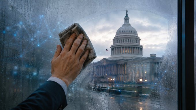 A person's hand wipes condensation off a foggy window, revealing a view of the U.S. Capitol building framed by digital network nodes, visually symbolizing the clearing of uncertainty around the CLARITY Act as it nears its final release by the Senate.
