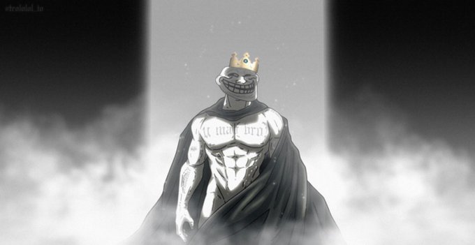 In this cartoon, a man wearing a cape with a crown sits in the center of the picture. He appears to be looking at something off-frame as if someone else was standing behind him. The caption below the image reads "The king is here... $Troll". It seems that there might have been an incident involving another person entering the frame without being noticed by the main subject, who is now staring at this intruder with a puzzled expression. This adds a sense of mystery to the overall scene and might provoke thought or curiosity among viewers.