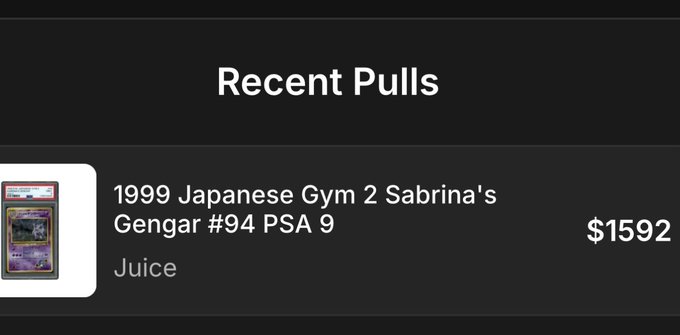 The image shows a "Recent Pulls" section displaying a 1999 Japanese Gym 2 Sabrina's Gengar #94 PSA 9 trading card sold for $1592 by user "Juice," which relates to the post announcing that user Juice won this Pokémon card by clawing on Beezie, a vending machine-style platform.