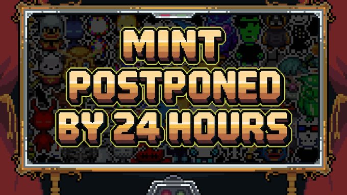 A pixel art graphic displays the text "MINT POSTPONED BY 24 HOURS" in bold yellow lettering against a background of various character sprites, corresponding with the post announcing a 24-hour delay to the Origins mint to allow for additional refinement.