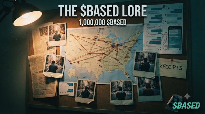 A detective-style corkboard titled 'THE $BASED LORE' showing '1,000,000 $BASED', featuring a US map with red string connections, photographs, chat screenshots, and a 'RECEIPTS' note.