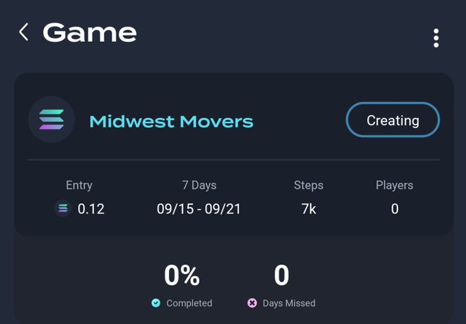 A dark-themed mobile app screen for a fitness or step challenge titled 'Midwest Movers', showing a 'Creating' status, an entry cost of 0.12, 7k steps, and 0% completion.