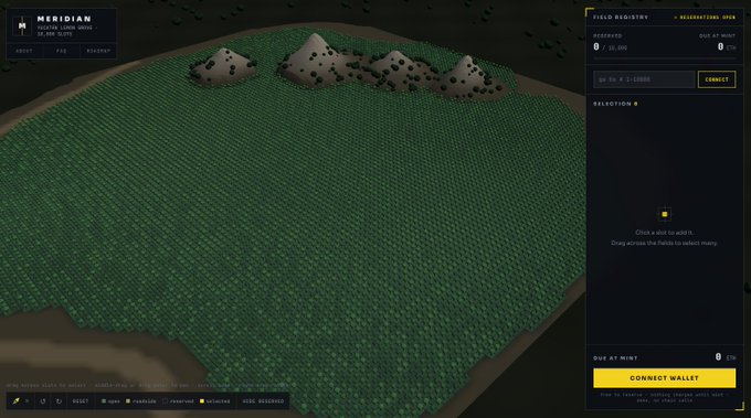 Screenshot of a web3 game called 'MERIDIAN' showing a 3D terrain with fields and mountains, with a 'FILED REGISTRY' panel on the right for minting and connecting wallets.