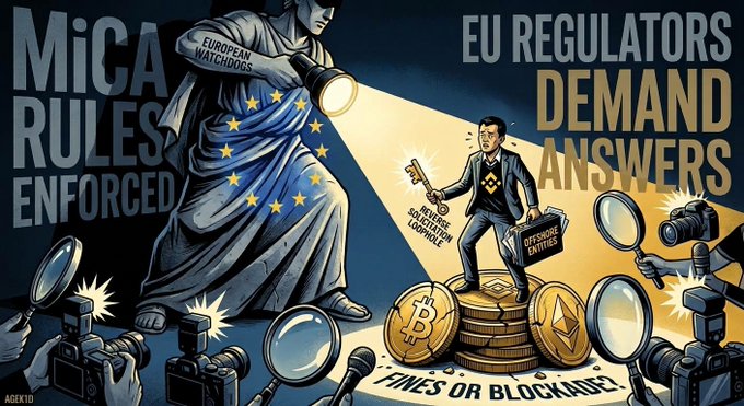 A political cartoon depicting a statue labeled "EUROPEAN WATCHDOGS" wearing the EU flag holding a flashlight on a businessman with a key standing on Bitcoin and Ethereum coins, surrounded by press cameras, with text reading "MiCA RULES ENFORCED," "EU REGULATORS DEMAND ANSWERS," and "FINES OR BLOCKADE."