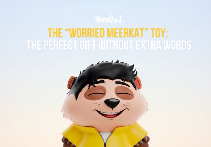 A 3D-rendered meerkat character with closed eyes and a serene smile is shown beneath the "Timesoul" logo and the text "THE 'WORRIED MEERKAT' TOY: THE PERFECT GIFT WITHOUT EXTRA WORDS," reflecting the post's message that the seemingly cute toy represents deeper themes of managing anxiety and stress.