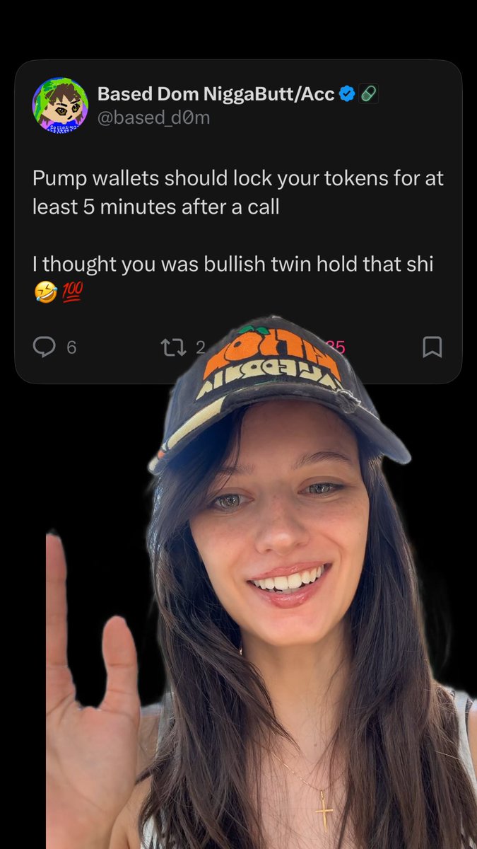 A tweet from "@based_d0m" suggests pump wallets should lock tokens for 5 minutes after a call, followed by a smiling woman, implying that following traders on an app reveals their true intentions.