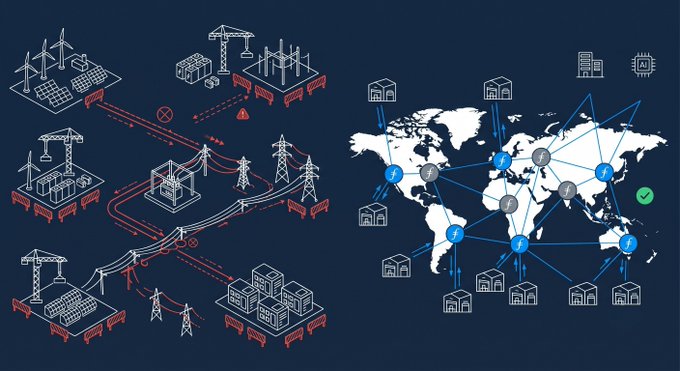 An isometric illustration contrasts a tangled, congested grid interconnection system with red warning symbols on the left against a clean, globally connected network of data centers with a green checkmark on the right, visually contrasting the IEA's reported 2,500+ gigawatts of stalled renewable, large-load, and storage projects in grid queues with the already-deployed, operational Filecoin storage network.