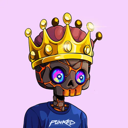 A digital artwork of a skeletal figure with a lava-textured skull, glowing rainbow eyes, and a golden crown with jewels, wearing a blue shirt that says 'FUNKED'.