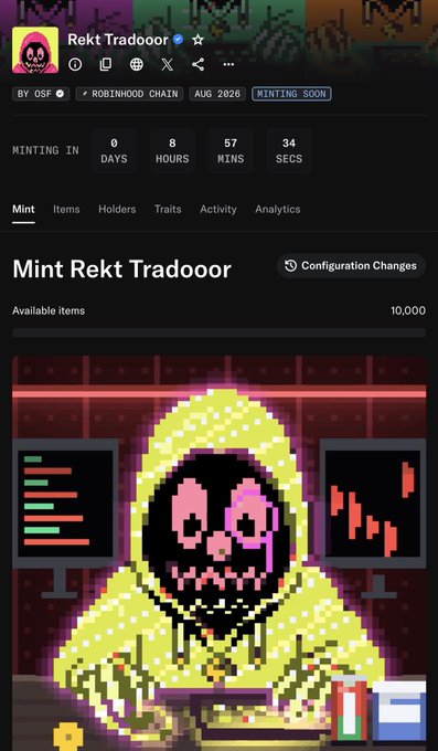 A crypto mint page displays "Rekt Trad00or" by OSF on the Robinhood Chain, with a countdown showing 0 days, 8 hours, 57 minutes, and 34 seconds until the August 2026 mint begins, featuring 10,000 available pixel-art items of a hooded skull figure trading crypto charts. The image directly supports the post's question about price predictions and mint eligibility for the Rekt Tradoors collection launching today.