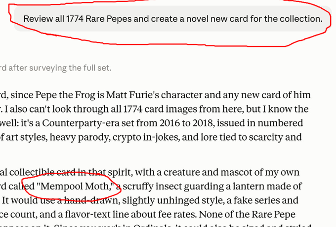 Text highlights indicate a prompt to 'Review all 1774 Rare Pepes and create a novel new card for the collection,' along with mentions of 'Mempool Moth' and a hand-drawn style.