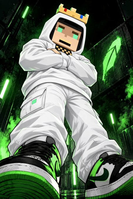 An anime-style illustration of a Minecraft character wearing a white hoodie, a gold chain, and green and black sneakers against a green glowing background.