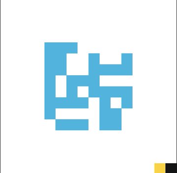 A pixel art-style logo or graphic in blue and white, featuring a blocky, abstract design with a small yellow accent at the bottom right.
