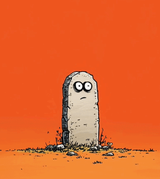 A cartoon-style stone tombstone with a sad, wide-eyed face stands alone in a barren, orange-tinted field with scattered grass and pebbles. The image plays on the tombstone's melancholic expression to humorously reference the idea of a "tomb" revealing something, while the caption jokingly notes the poster's familiarity with seeing their friend "peggy" use a tombstone as their profile picture.