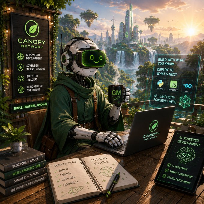 A robot with a glowing green smiley-face visor works on a laptop branded "Canopy Network" while holding a mug labeled "GM," set against a futuristic eco-city backdrop with holographic displays reading "Build with what you know. Deploy to what's next" and "AI + Simplicity Powering Web3," visually reinforcing the post's enthusiasm for Canopy Network's AI-driven blockchain development tools.