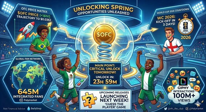 The image features a colorful poster advertising a game, specifically the release of "SOCP". It showcases people jumping up as if they have just won the game, with text below that reads, "Unlocking Spring" followed by an explanation about the game itself and pricing details. This information includes the World Cup countdown, release date, and price. The poster features a logo for a Polymarket integration company called "45N" to highlight this game in their marketing efforts.