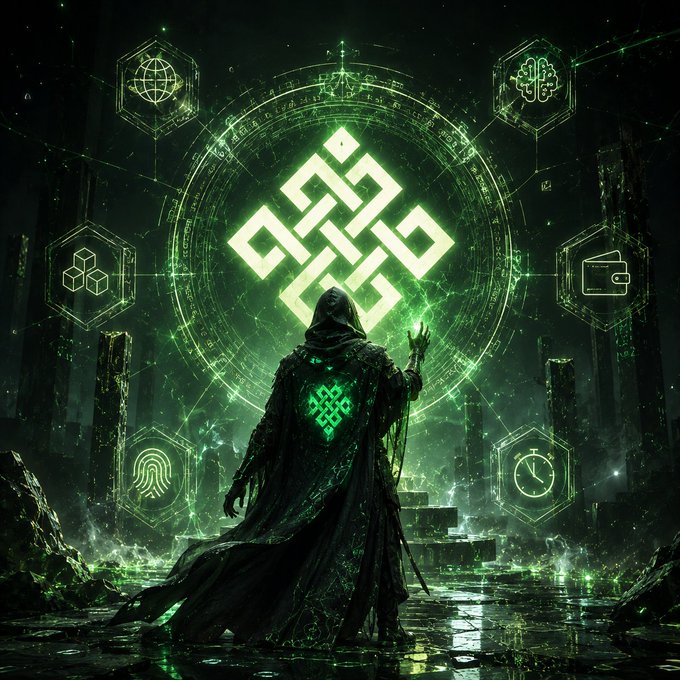 A mystical hooded cloaked figure standing before a glowing green runic symbol, surrounded by floating hexagonal icons (globe, brain, cubes, wallet, fingerprint, clock) in a dark, foggy environment.