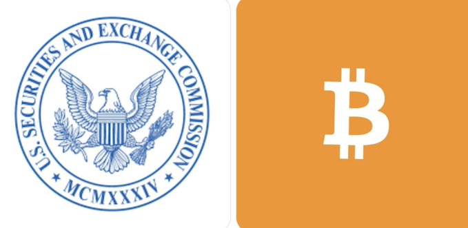 The image juxtaposes the U.S. Securities and Exchange Commission (SEC) seal—featuring its eagle emblem and "MCMXXXIV" Roman numeral—with the Bitcoin "₿" symbol on an orange background, visually representing the SEC's new proposed regulatory framework for token fundraising and retail investor participation in crypto offerings.