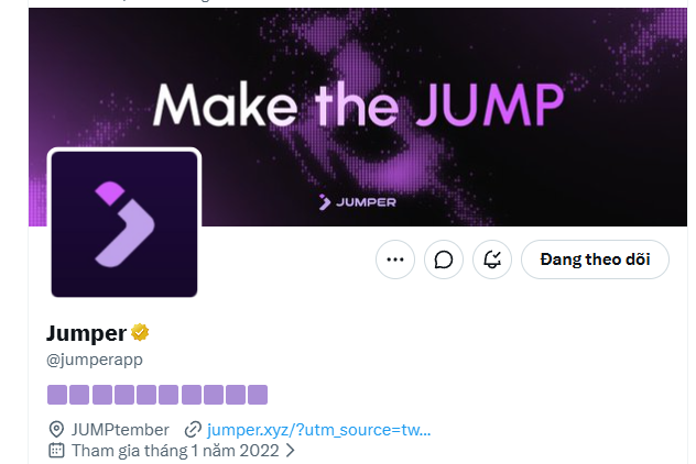 The image shows the X (Twitter) profile page of "Jumper" (@jumperapp) with a purple-themed banner reading "Make the JUMP," the Jumper verified logo, and a "Đang theo dõi" (Following) button indicating a Vietnamese user follows the account. The profile links to jumper.xyz and notes "Tham gia tháng 1 năm 2022" (Joined January 2022), aligning with the post highlighting Jumper's official launch of their Perp DEX for top XP holders ahead of the TGE.