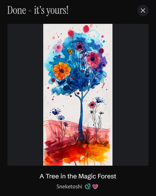 A vibrant digital watercolor artwork titled "A Tree in the Magic Forest" by artist Sneketoshi, featuring a stylized tree with a colorful blue canopy of flowers and a fiery red-orange ground, displayed on the objkt.com NFT marketplace. The image showcases the completion message "Done – it's yours!" indicating the artwork has been successfully collected.
