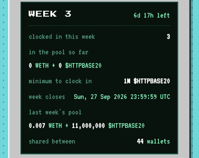 A pixel-art dashboard for "WEEK 3" showing pool statistics including "6d 17h left," "clocked in this week: 3," "0 WETH + 0 $HTTPBASE20," "minimum to clock in: 1M $HTTPBASE20," with the week closing on "Sun, 27 Sep 2026 23:59:59 UTC" and "last week's pool" shared between "44 wallets."
