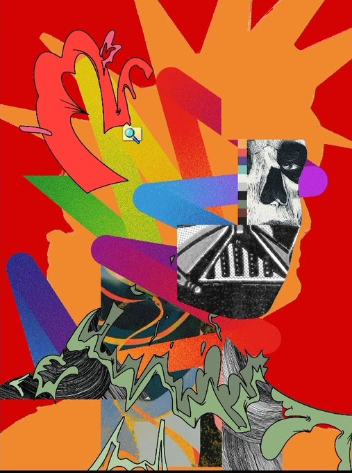 An abstract, vibrant collage artwork features a black-and-white cutout of a face combined with colorful geometric shapes, graffiti-style lettering reading 'slick', and various layered patterns on a red and orange background.