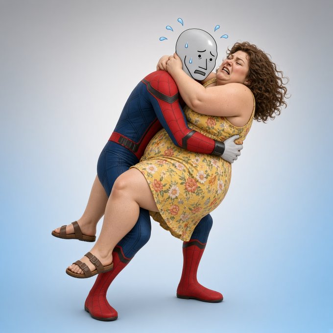 A 3D rendered cartoon image of a plus-size woman in a yellow floral dress hugging a faceless Spider-Man character who appears distressed with sweat drops.