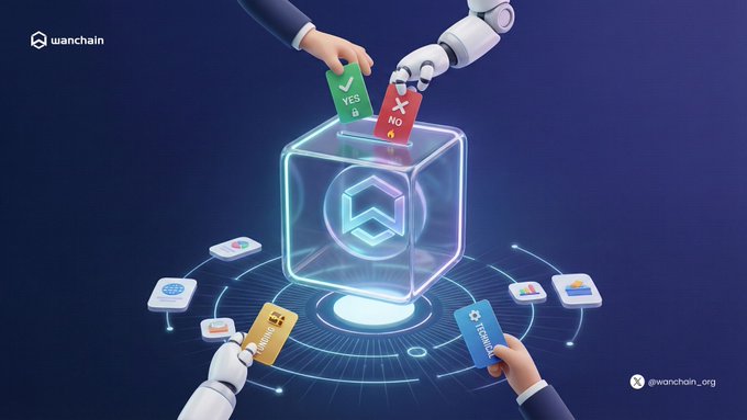 A Wanchain promotional graphic showing robotic and human hands placing YES/NO voting tags into a glowing cube containing a hexagon logo, surrounded by credit cards and cryptocurrency icons.