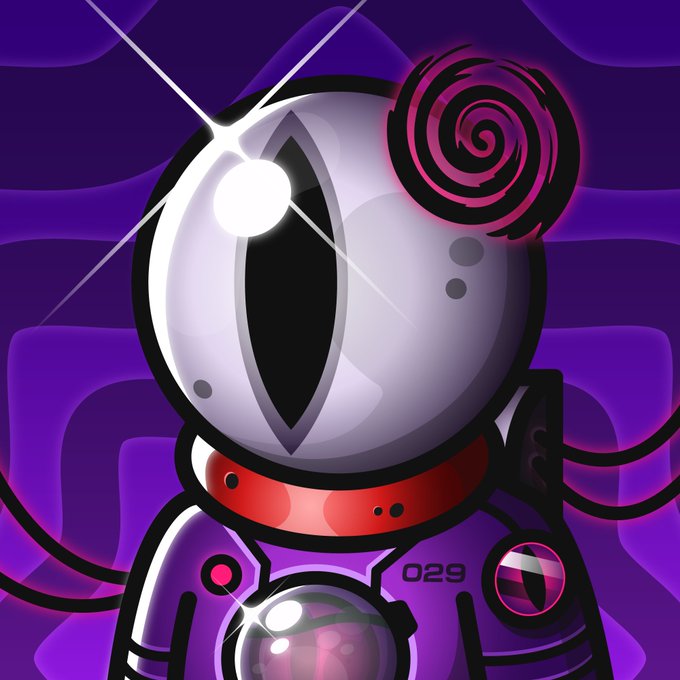 A cute one-eyed robot character with a pink spiral antenna, displaying the number "029" on its purple body, against a vibrant purple background. The cheerful, weekend-ready vibe of the robot pairs nicely with the Friday "GM" greeting to celebrate the start of the weekend.