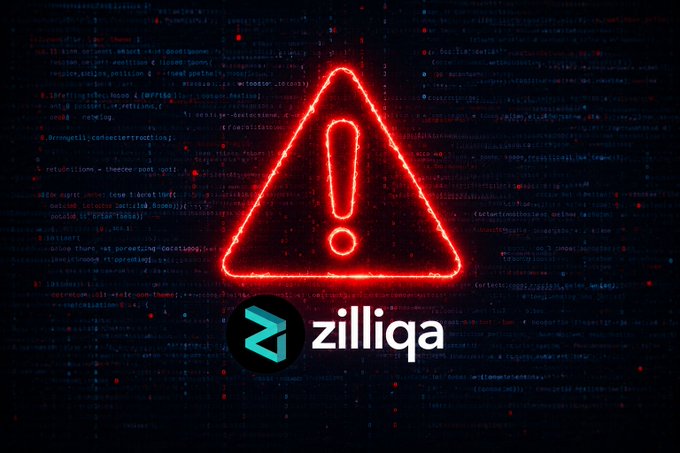 A red warning sign over a background of code, with the 'Zilliqa' cryptocurrency logo displayed below the warning triangle.