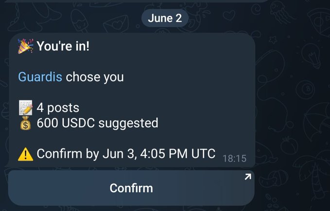 The image shows a message sent via text, possibly on social media or another messaging platform, which appears to be from a group of friends or acquaintances interested in cryptocurrency. It states that 4 posts have been chosen by Guardian for $600 UDC suggested at 8:45 PM. The recipient is being notified that their post was selected and that the payment will be processed and confirmed within 5 minutes.
